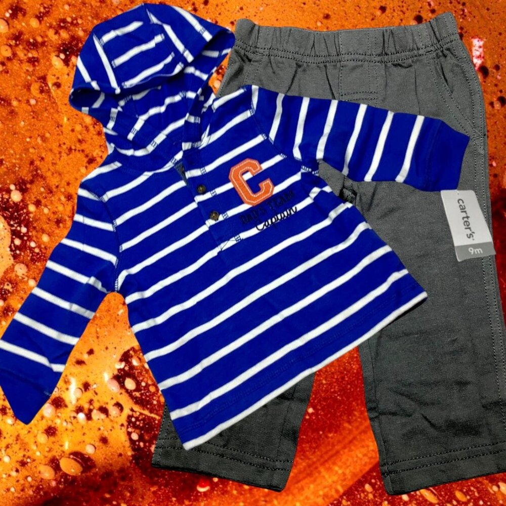 NWT Carter’s Sweatshirt Hoodie & Pant Set 9M Stripes NEW Striped 2 pc Blue Gray